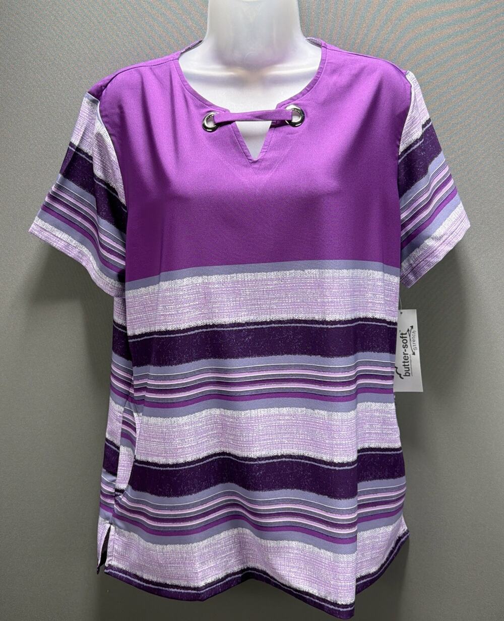 NEW! BUTTER SOFT STRETCH MULTI COLOR PURPLE SCRUB TOP POCKETS SIZE L NWT